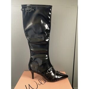 Wild Pair MONROP Boots Womens Size 8 Black Knee High Biker Studded Pointed Toe